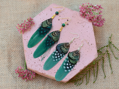 Green and Polka Dot Pheasant Feather Earrings