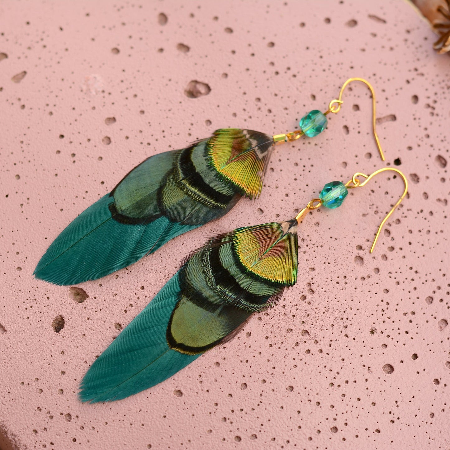 Green and Gold Small Feather Earrings with Emerald Crystal Bead