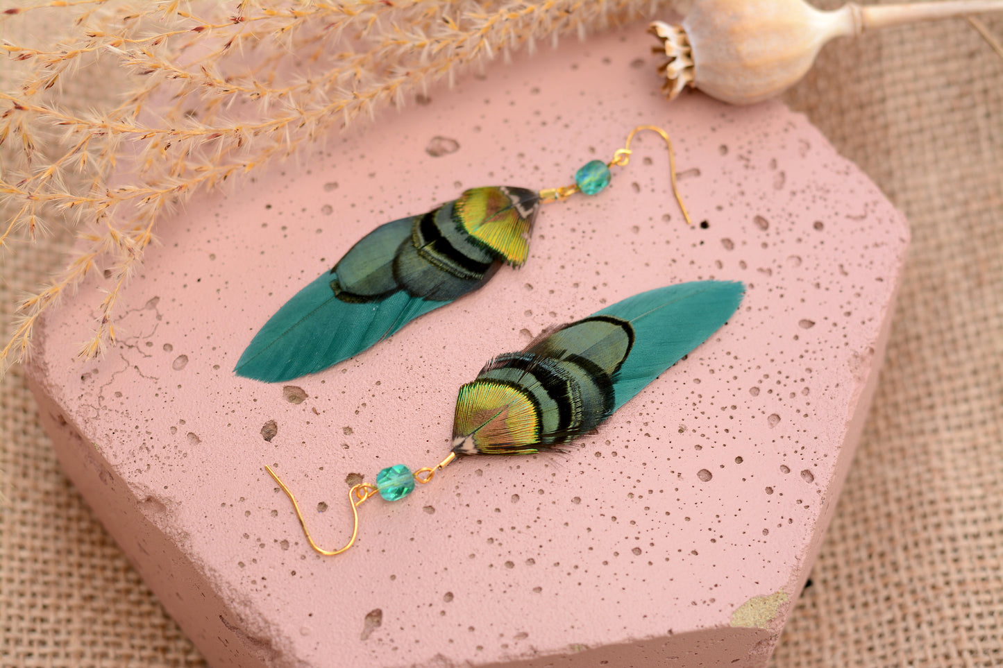 Green and Gold Small Feather Earrings with Emerald Crystal Bead