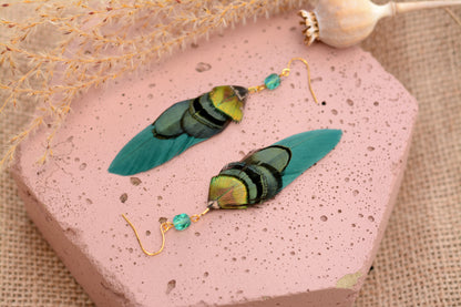 Green and Gold Small Feather Earrings with Emerald Crystal Bead