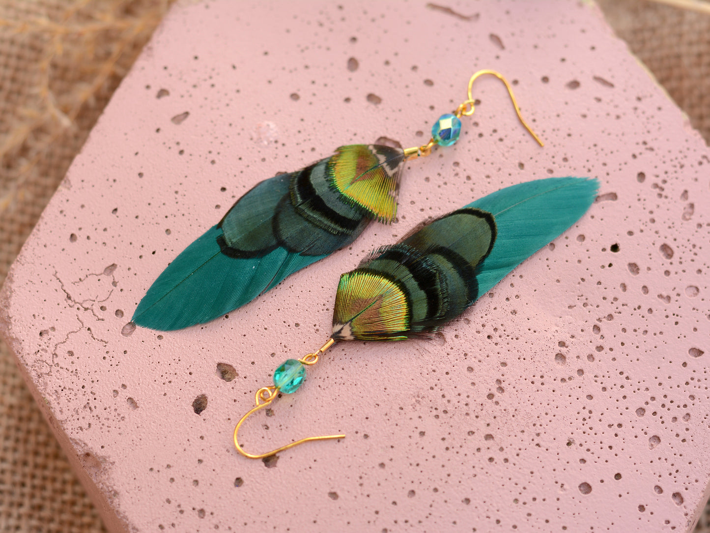 Green and Gold Small Feather Earrings with Emerald Crystal Bead