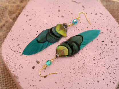 Green and Gold Small Feather Earrings with Emerald Crystal Bead