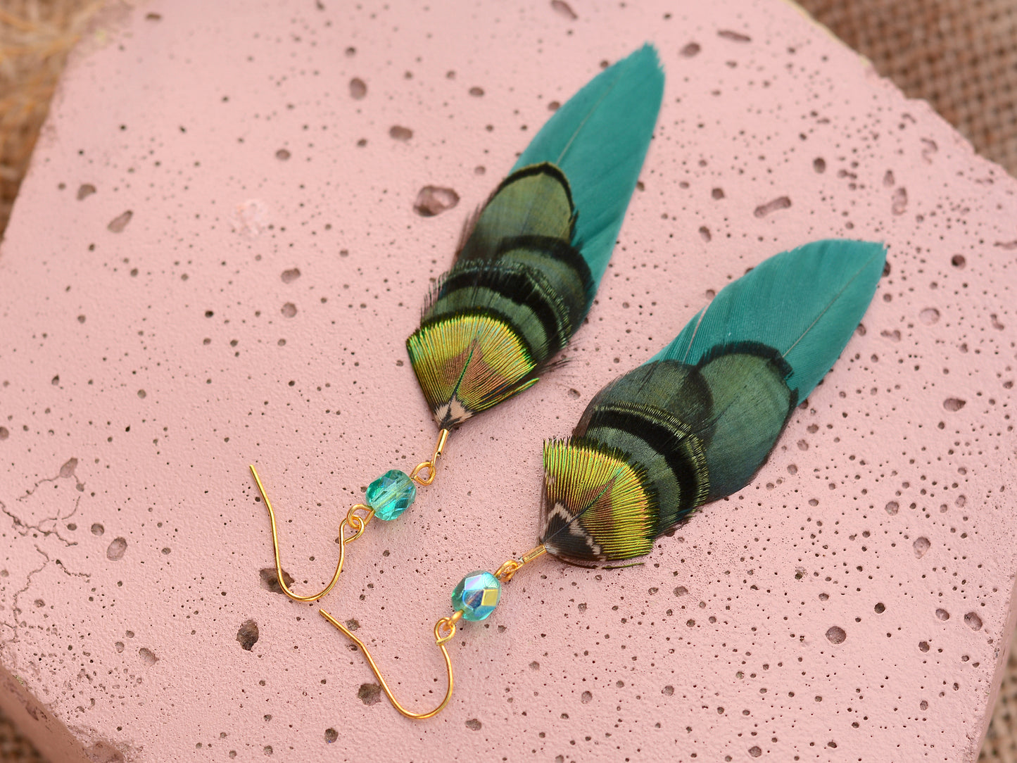 Green and Gold Small Feather Earrings with Emerald Crystal Bead