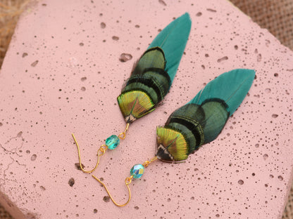 Green and Gold Small Feather Earrings with Emerald Crystal Bead