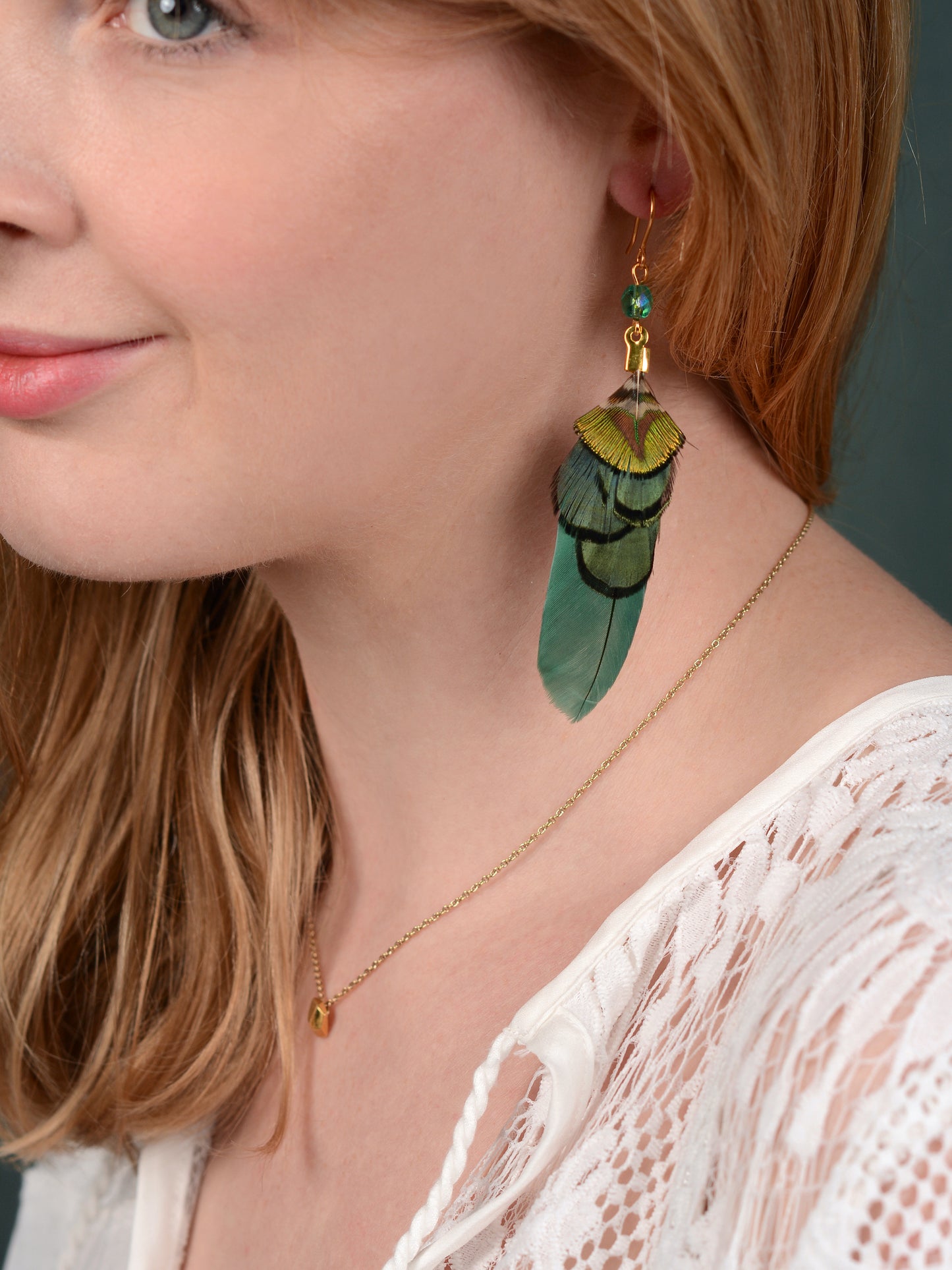 Green and Gold Small Feather Earrings with Emerald Crystal Bead