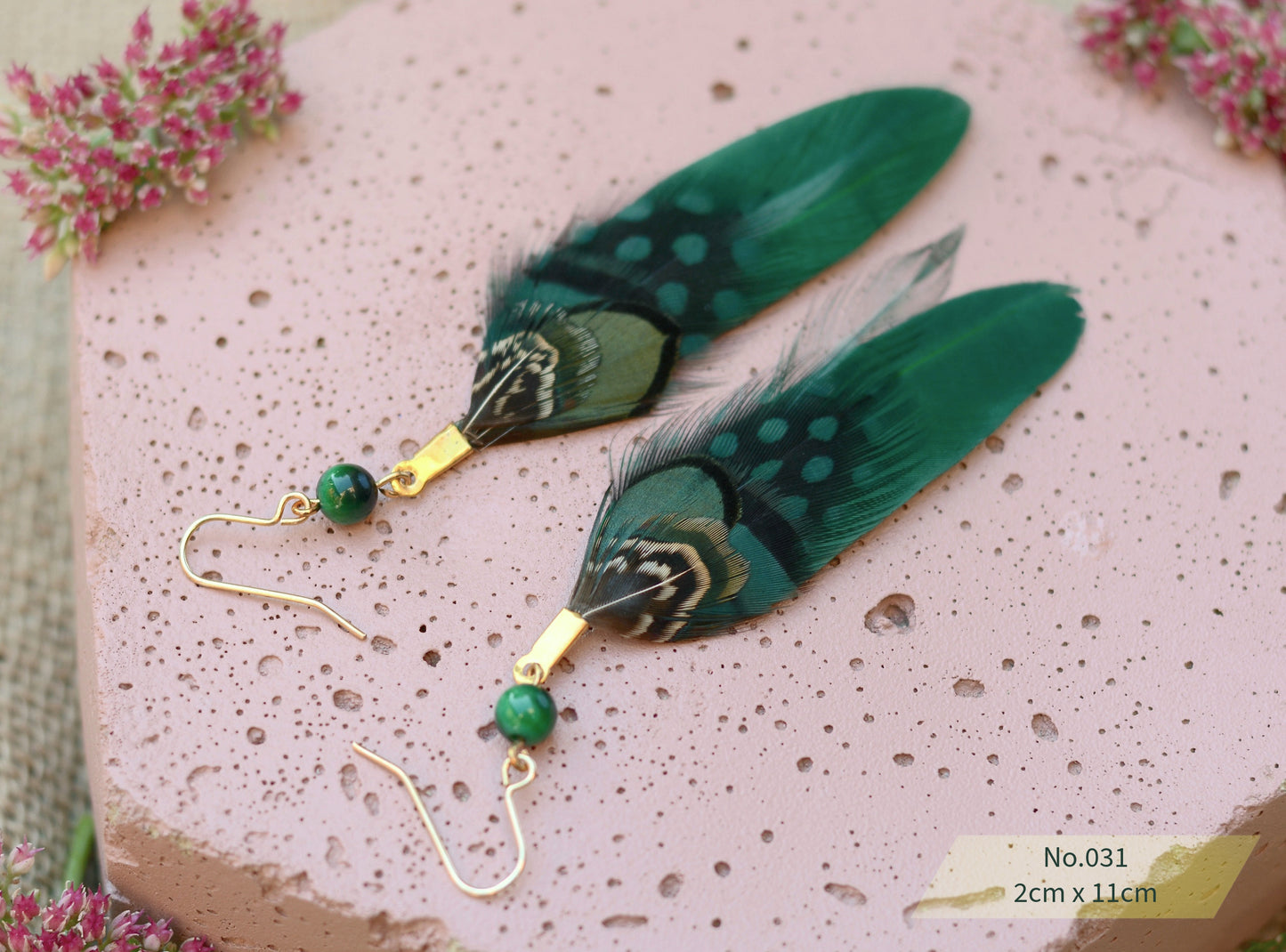 Green and Polka Dot Pheasant Feather Earrings
