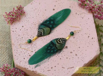Green and Polka Dot Pheasant Feather Earrings