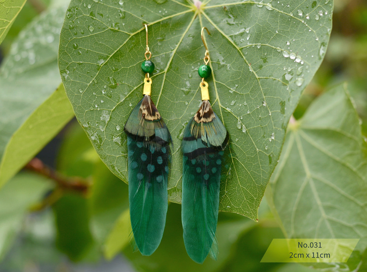 Green and Polka Dot Pheasant Feather Earrings