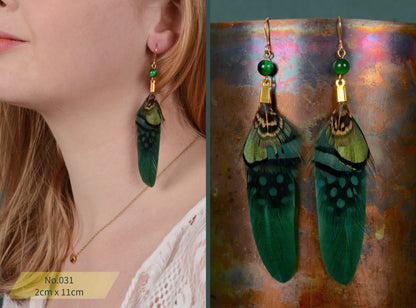 Green and Polka Dot Pheasant Feather Earrings