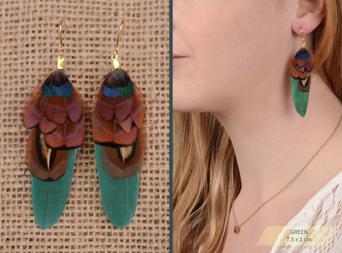 Small Real Pheasant Feather Earrings in Copper, Green, Navy Blue, Teal or Burgundy