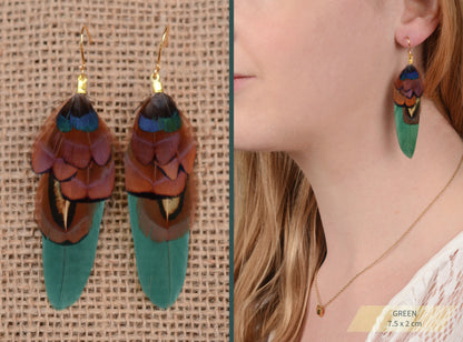 Small Real Pheasant Feather Earrings in Copper, Green, Navy Blue, Teal or Burgundy