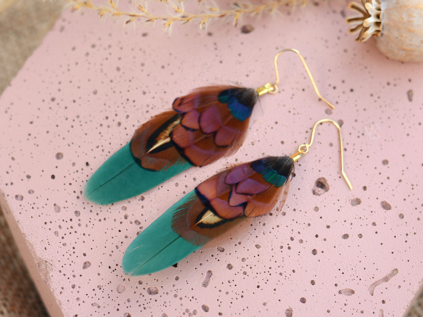 Small Real Pheasant Feather Earrings in Copper, Green, Navy Blue, Teal or Burgundy