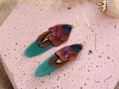 Small Real Pheasant Feather Earrings in Copper, Green, Navy Blue, Teal or Burgundy