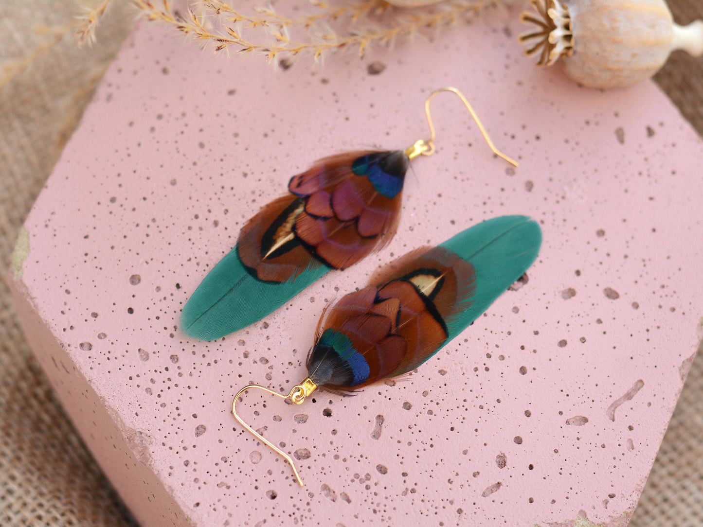 Small Real Pheasant Feather Earrings in Copper, Green, Navy Blue, Teal or Burgundy