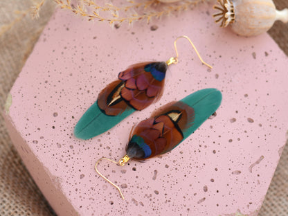 Small Real Pheasant Feather Earrings in Copper, Green, Navy Blue, Teal or Burgundy