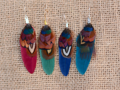 Small Real Pheasant Feather Earrings in Copper, Green, Navy Blue, Teal or Burgundy