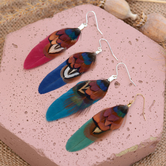Small Real Pheasant Feather Earrings in Copper, Green, Navy Blue, Teal or Burgundy