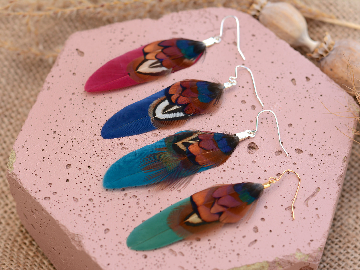 Small Real Pheasant Feather Earrings in Copper, Green, Navy Blue, Teal or Burgundy