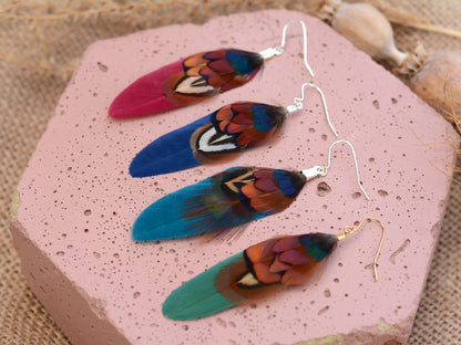 Small Real Pheasant Feather Earrings in Copper, Green, Navy Blue, Teal or Burgundy