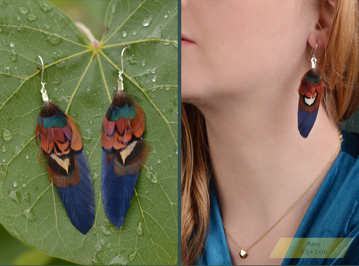 Small Real Pheasant Feather Earrings in Copper, Green, Navy Blue, Teal or Burgundy