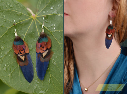 Small Real Pheasant Feather Earrings in Copper, Green, Navy Blue, Teal or Burgundy