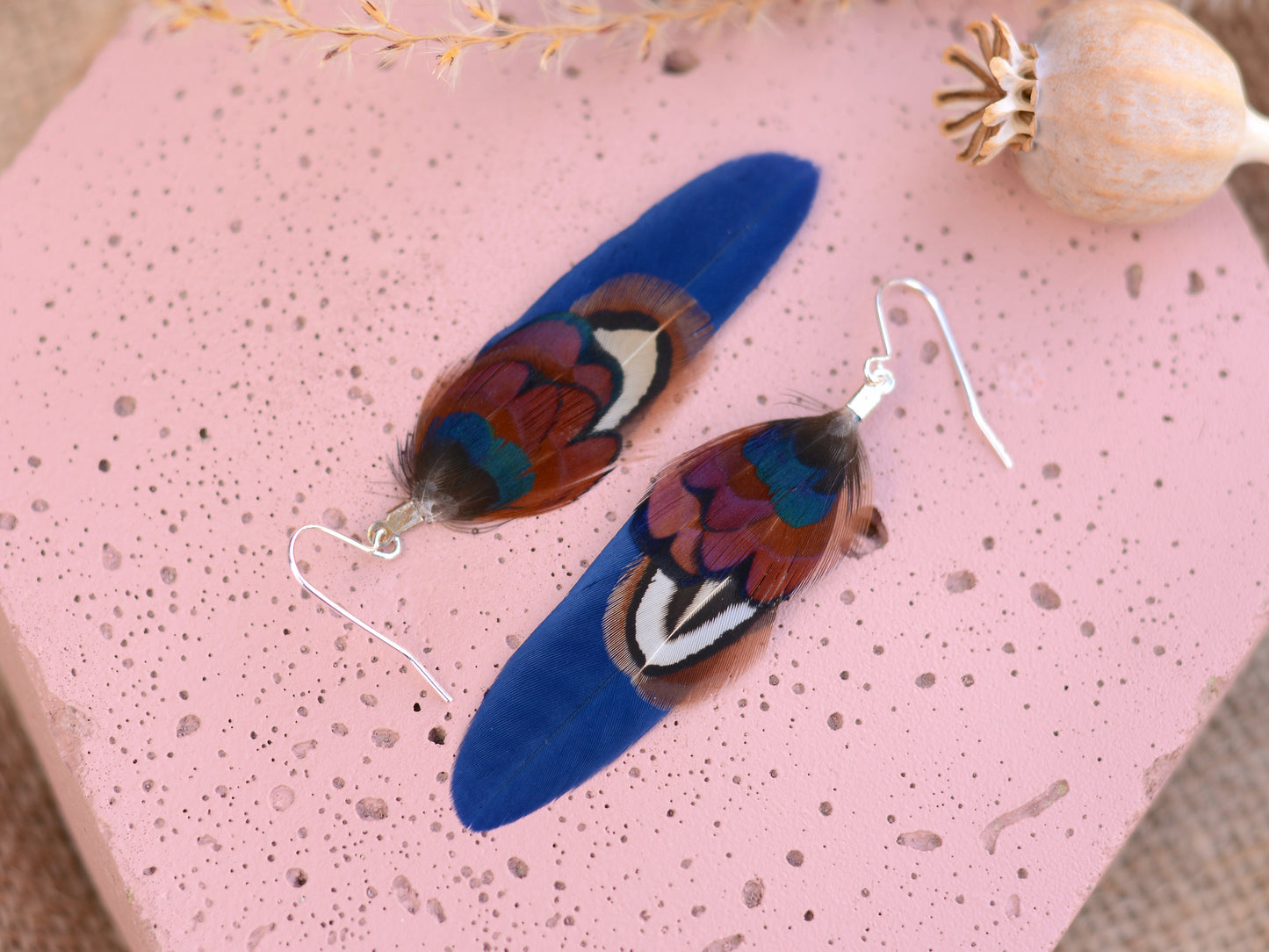 Small Real Pheasant Feather Earrings in Copper, Green, Navy Blue, Teal or Burgundy