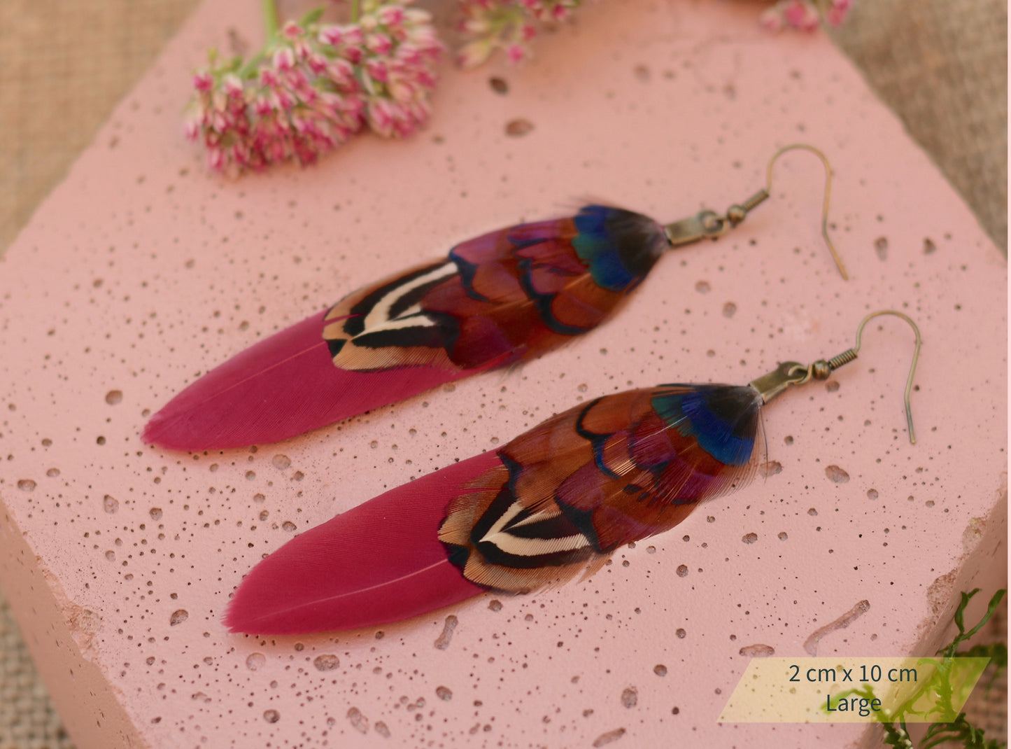 Burgundy and Pheasant Feather Earrings