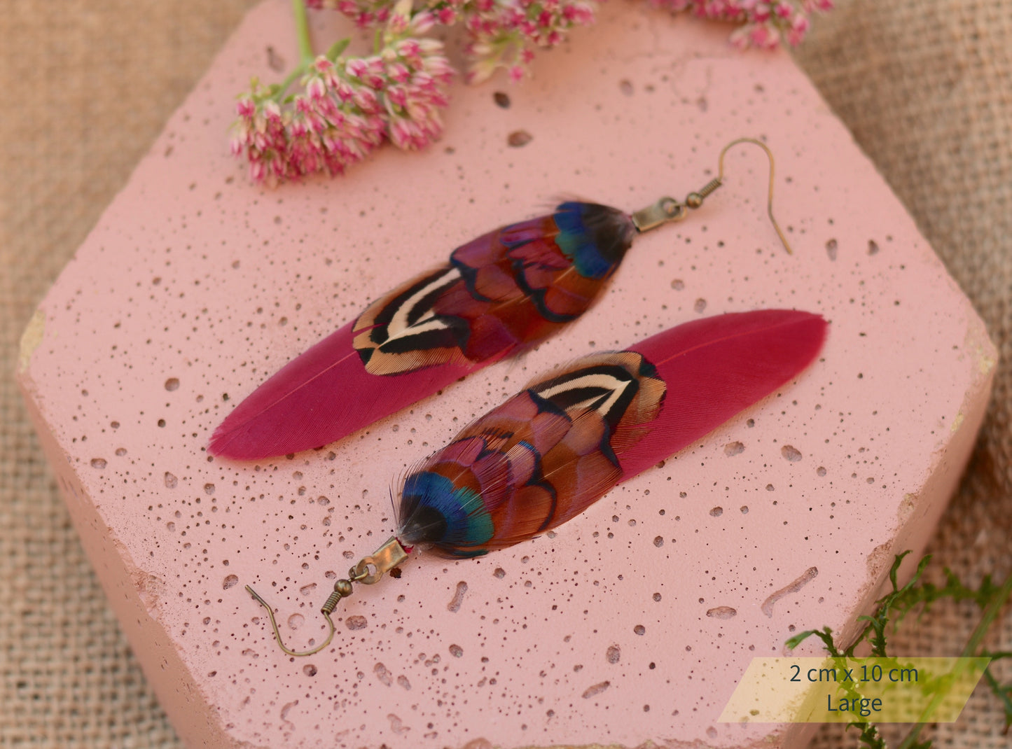 Burgundy and Pheasant Feather Earrings