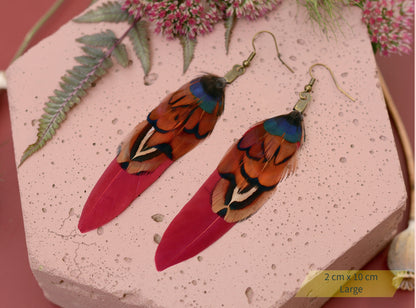 Burgundy and Pheasant Feather Earrings