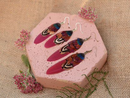 Burgundy and Pheasant Feather Earrings