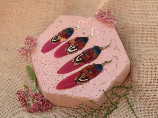 Burgundy and Pheasant Feather Earrings