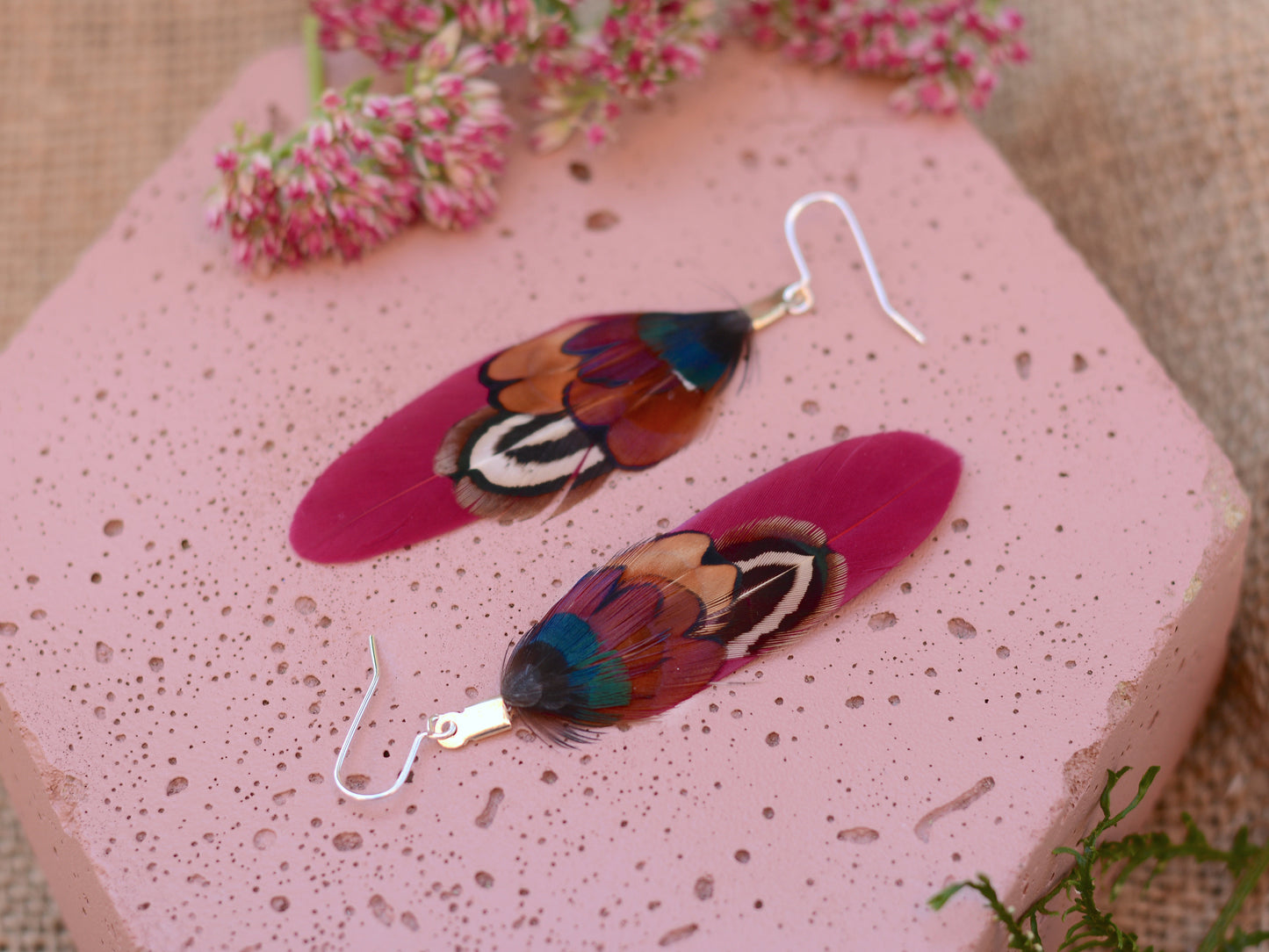 Small Real Pheasant Feather Earrings in Copper, Green, Navy Blue, Teal or Burgundy