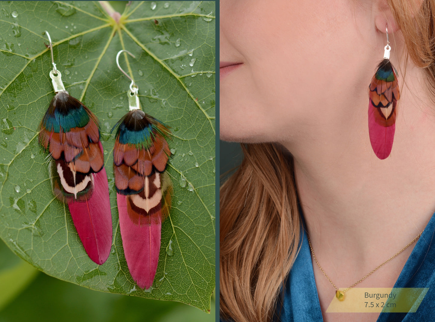 Small Real Pheasant Feather Earrings in Copper, Green, Navy Blue, Teal or Burgundy