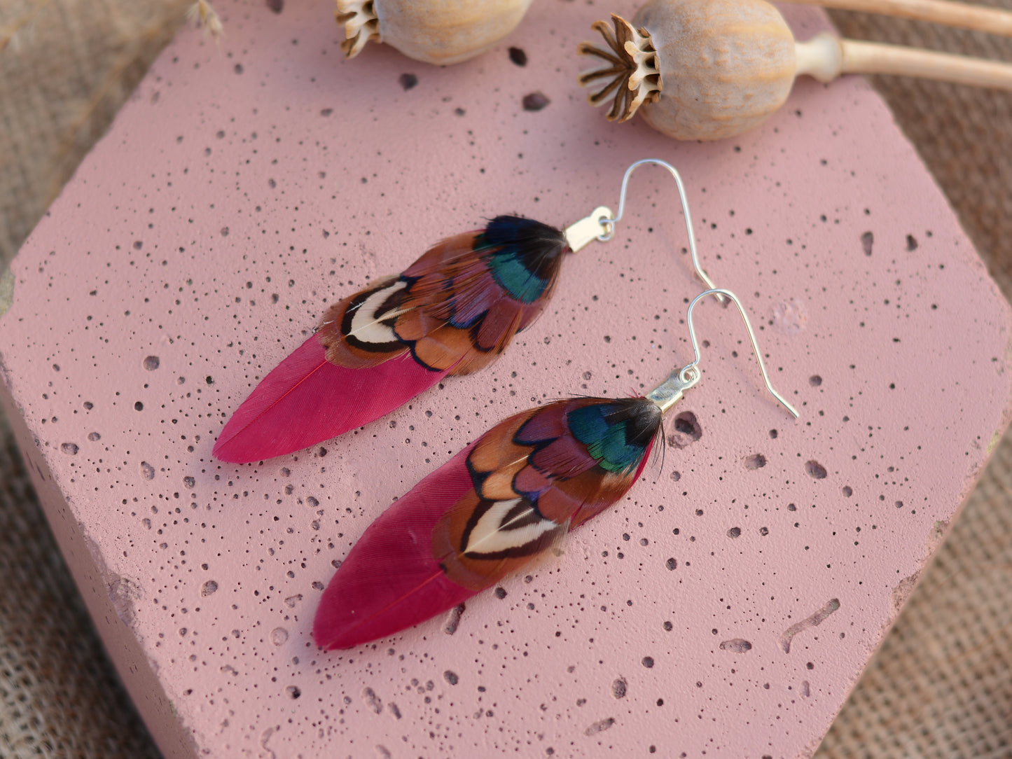 Small Real Pheasant Feather Earrings in Copper, Green, Navy Blue, Teal or Burgundy