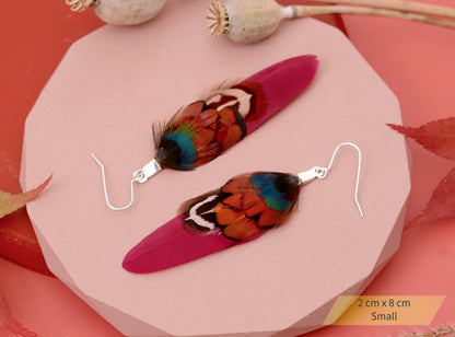 Burgundy and Pheasant Feather Earrings