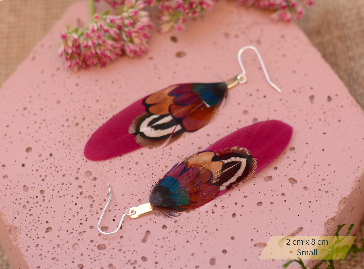Burgundy and Pheasant Feather Earrings