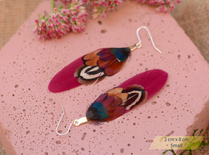 Burgundy and Pheasant Feather Earrings