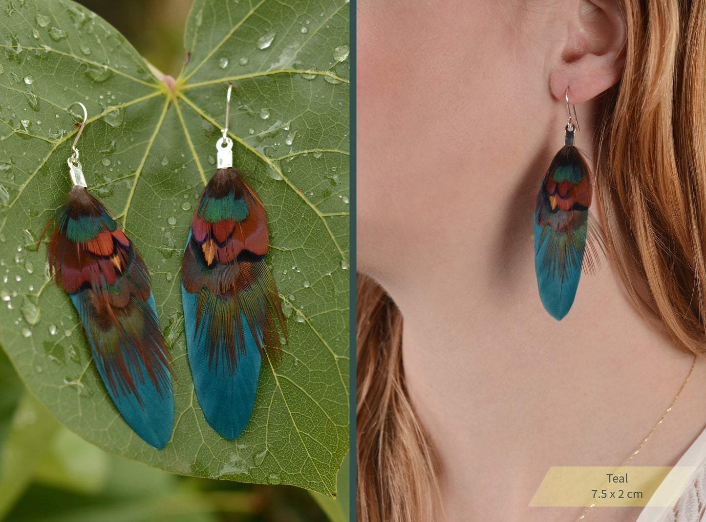 Small Real Pheasant Feather Earrings in Copper, Green, Navy Blue, Teal or Burgundy