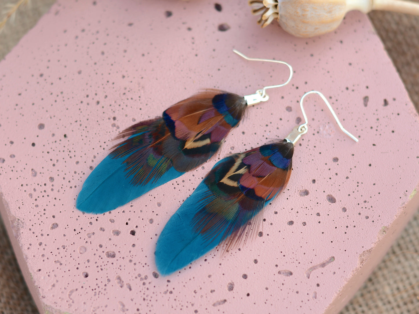 Small Real Pheasant Feather Earrings in Copper, Green, Navy Blue, Teal or Burgundy