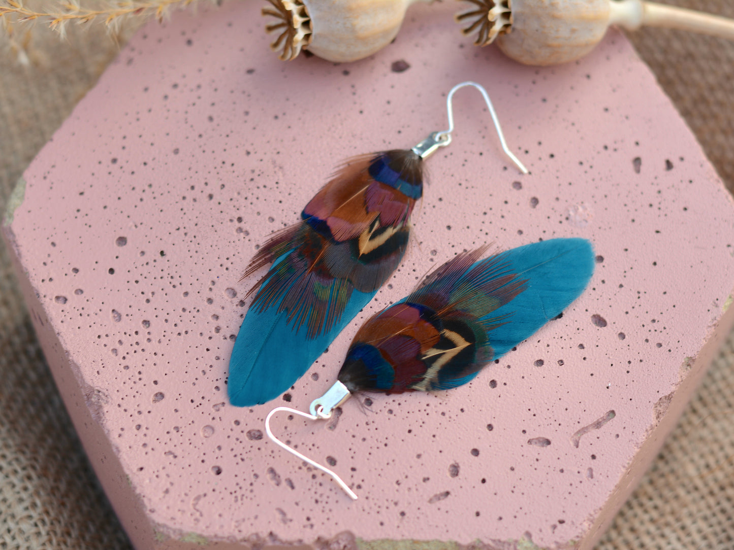 Small Real Pheasant Feather Earrings in Copper, Green, Navy Blue, Teal or Burgundy