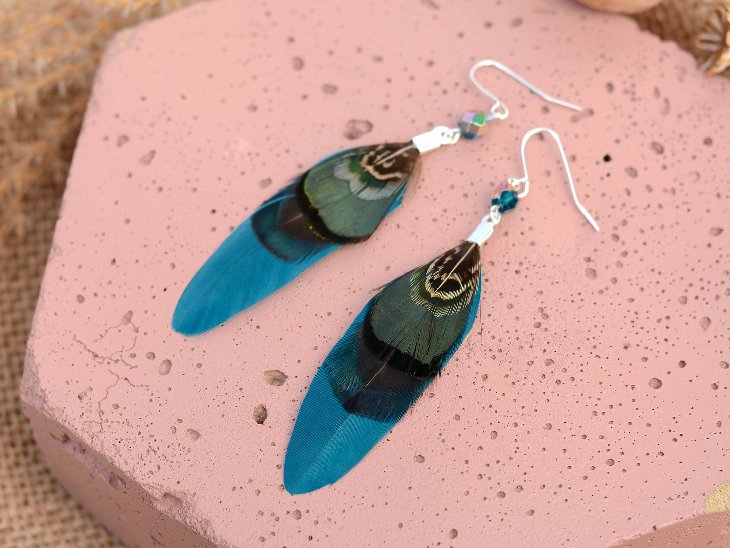 Teal, Blue and Green Pheasant Feather Earrings