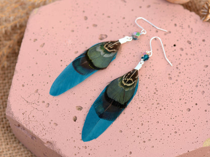 Teal, Blue and Green Pheasant Feather Earrings