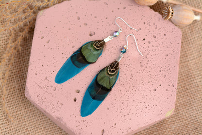 Teal, Blue and Green Pheasant Feather Earrings