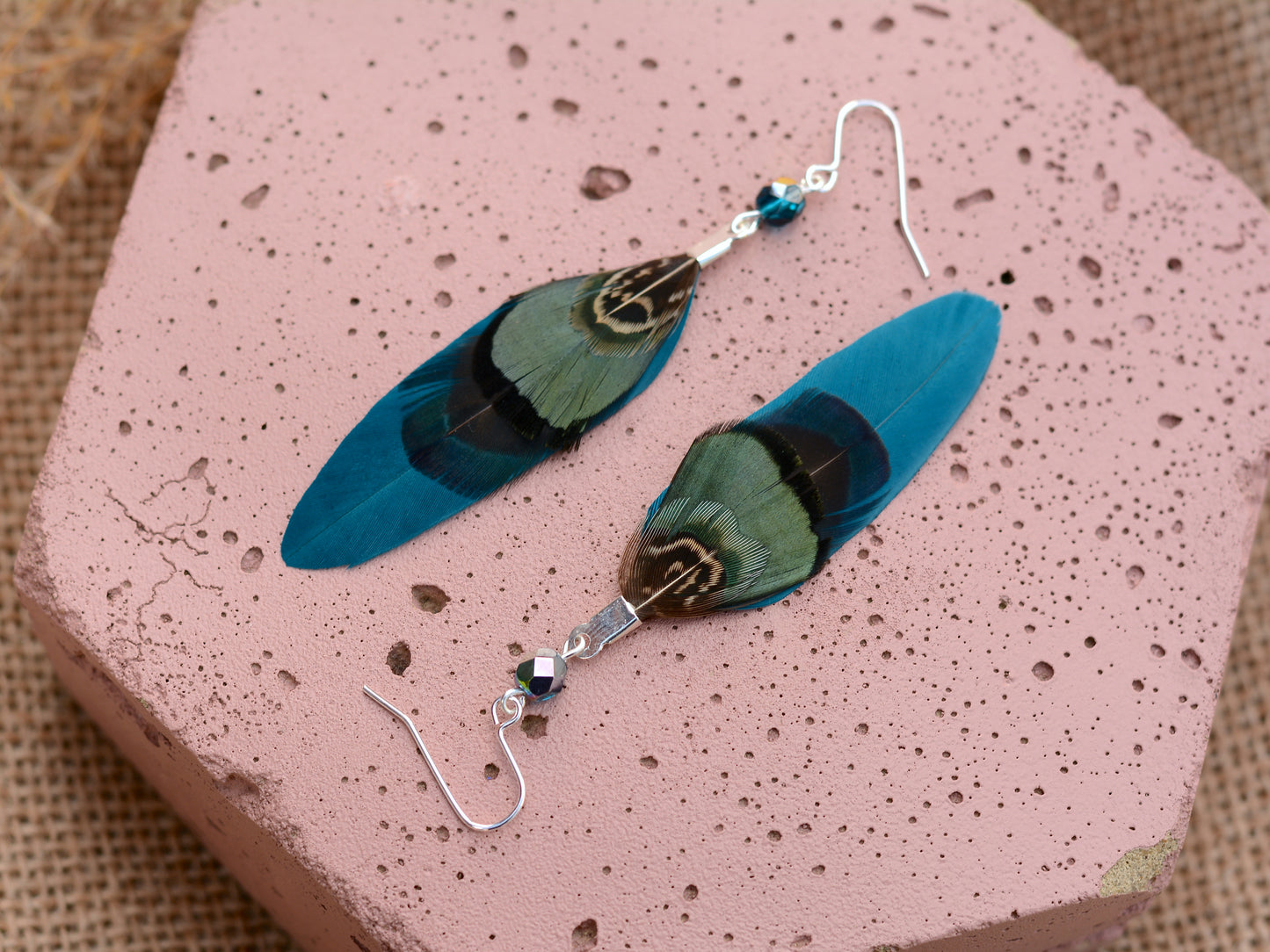 Teal, Blue and Green Pheasant Feather Earrings