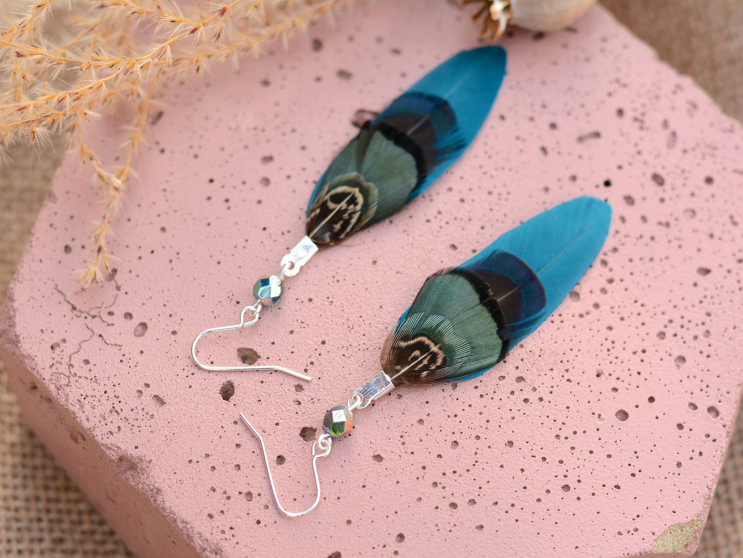Teal, Blue and Green Pheasant Feather Earrings