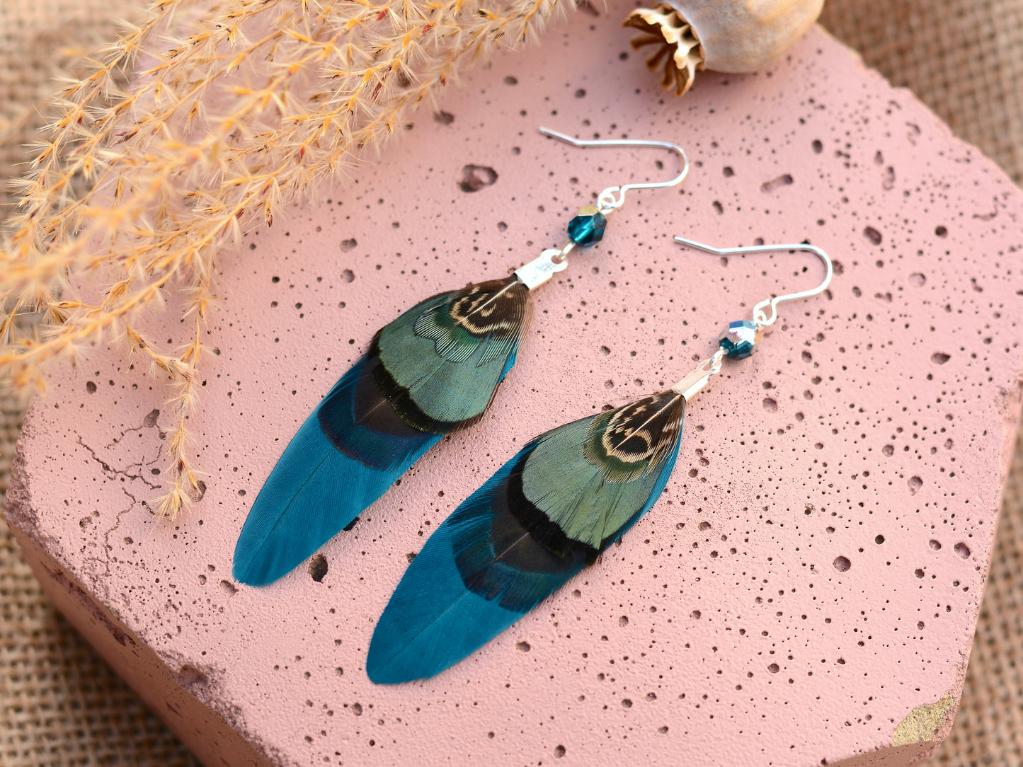 Teal, Blue and Green Pheasant Feather Earrings