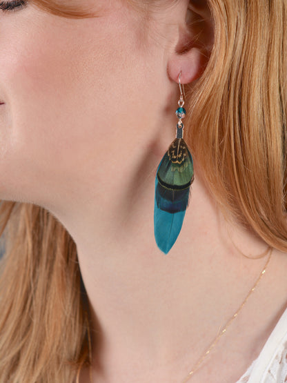Teal, Blue and Green Pheasant Feather Earrings