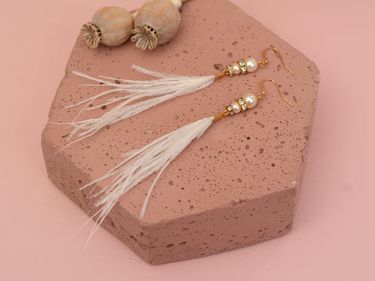 Long White Ostrich Feather Earrings with Pearl and Crystal Detail in Gold
