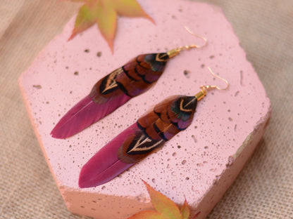 Plum and Copper Pheasant Feather Earrings