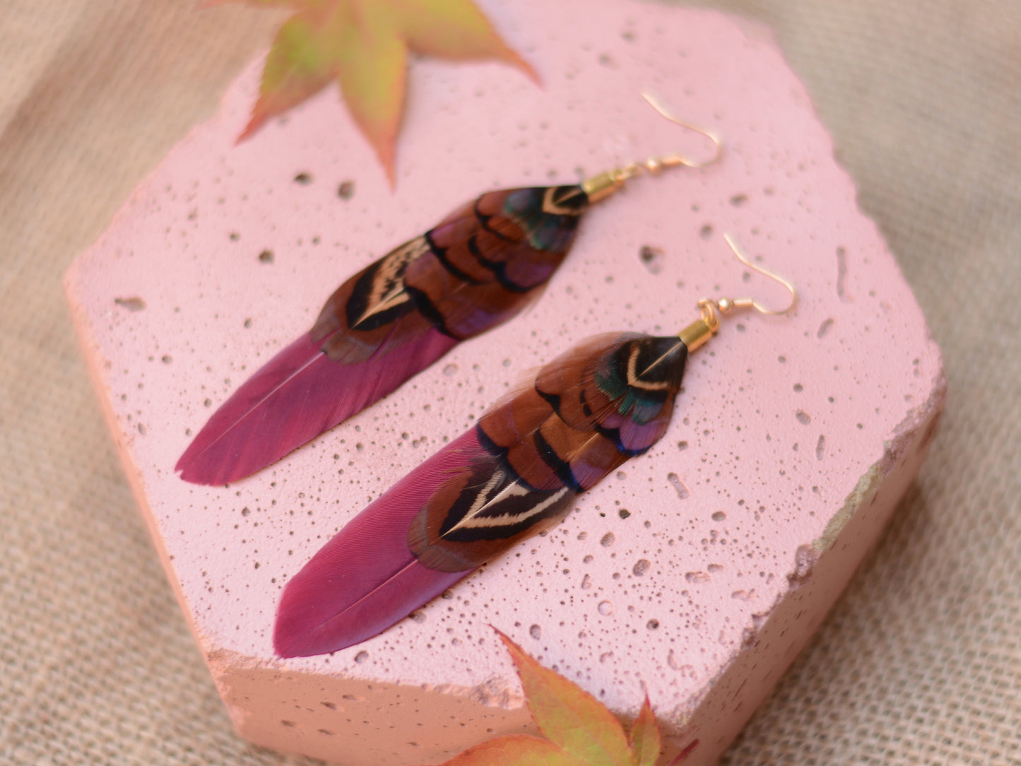 Plum and Copper Pheasant Feather Earrings